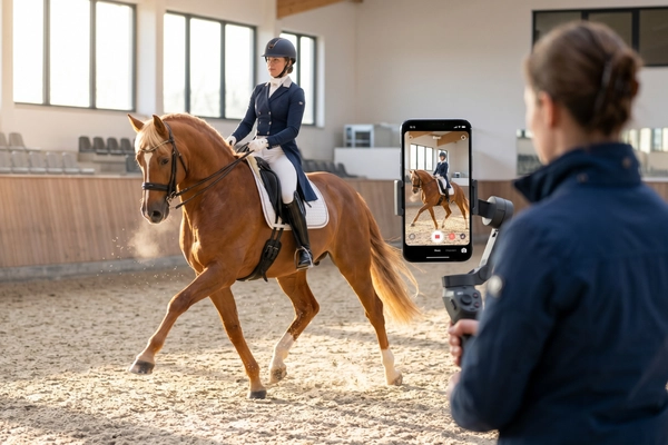 A dressage rider in a dark blue tailcoat and helmet is riding a chestnut horse with a light-colored mane in a well-lit indoor arena. In the foreground, the scene is being filmed by a person holding a smartphone mounted on a gimbal (stabilizer). The horse in motion can be seen on the phone’s display. The scene looks professional and depicts the production of a sales video.